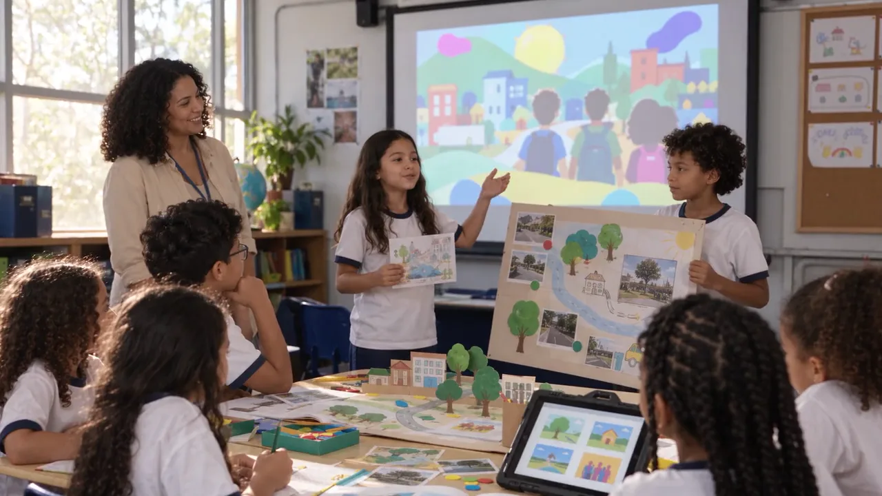 Cena ilustrativa de professora e estudantes compartilhando um projeto com materiais e tecnologias em sala de aula